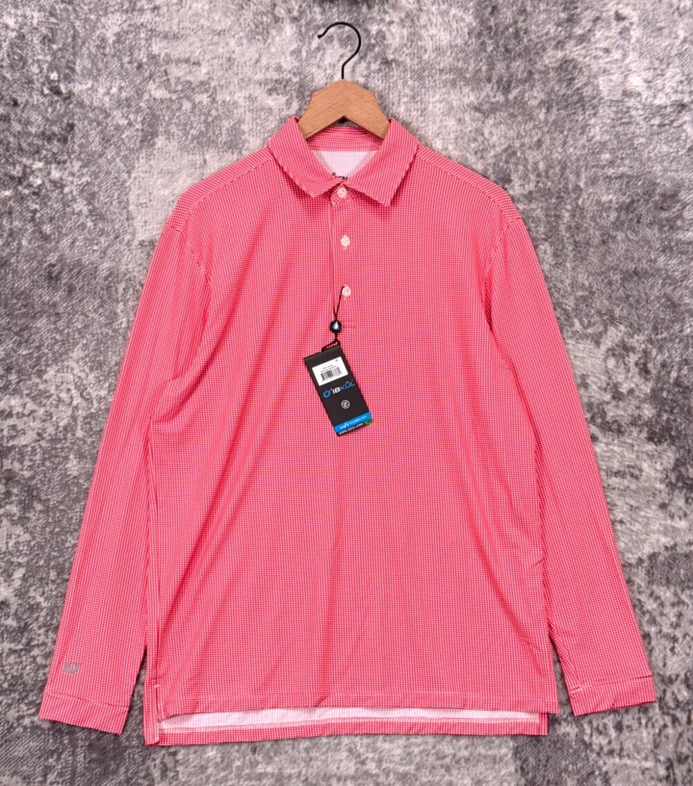 New Ibkul Polo Shirt Medium Mens Red Gingham Picnic Check Long Sleeve UPF 50